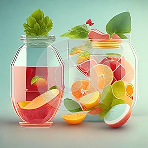 Drink, cocktail, Fresh fruit, flavored water. Food background, fruits, leaves. Pitcher with fruit, juice, fruit juice