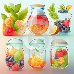 Drink, cocktail, Fresh fruit, flavored water. Food background, fruits, leaves. Pitcher with fruit, juice, fruit juice