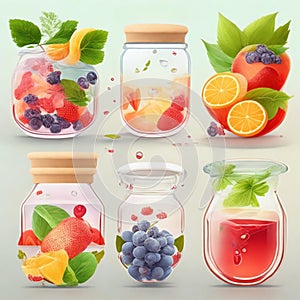 Drink, cocktail, Fresh fruit, flavored water. Food background, fruits, leaves. Pitcher with fruit, juice, fruit juice