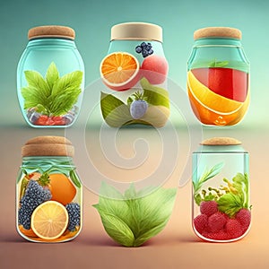 Drink, cocktail, Fresh fruit, flavored water. Food background, fruits, leaves. Pitcher with fruit, juice, fruit juice