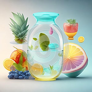 Drink, cocktail, Fresh fruit, flavored water. Food background, fruits, leaves. Pitcher with fruit, juice, fruit juice