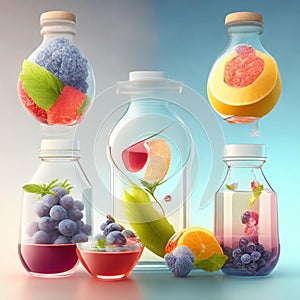 Drink, cocktail, Fresh fruit, flavored water. Food background, fruits, leaves. Pitcher with fruit, juice, fruit juice