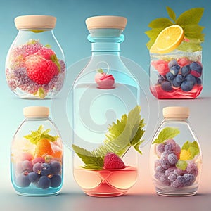 Drink, cocktail, Fresh fruit, flavored water. Food background, fruits, leaves. Pitcher with fruit, juice, fruit juice