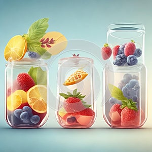 Drink, cocktail, Fresh fruit, flavored water. Food background, fruits, leaves. Pitcher with fruit, juice, fruit juice