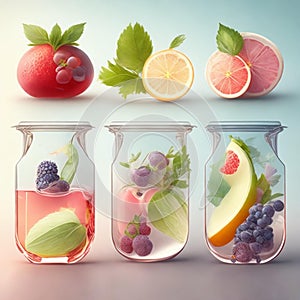 Drink, cocktail, Fresh fruit, flavored water. Food background, fruits, leaves. Pitcher with fruit, juice, fruit juice