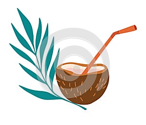 Drink in coconut. Exotic Cocktails with Straw and tropical leaves Poured in Coconut Fruit. Refreshing summer drink. For menu, web