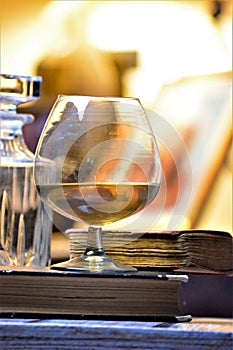 Drink cognac glass and old book