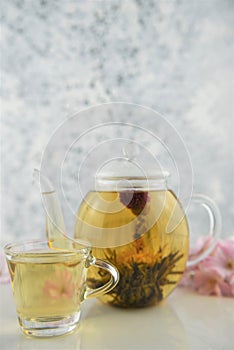 Drink of flowering tea in glass teapot with cup