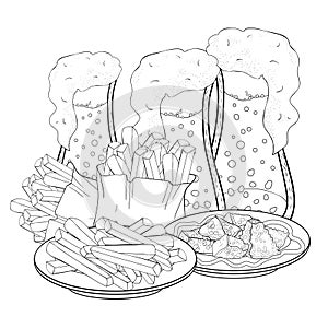 Drink with foam and bubbles in a glass of beer french fries. vector illustration