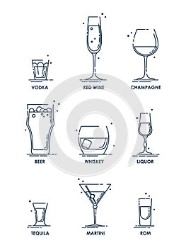 Drink glass. Alcohol concept. Beverage icon set. Line design. Vodka, wine, champagne, whiskey, liquor, beer, tequila, rom, martini