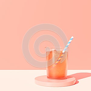 Drink in glass with ice and straw on beige background, 3d render