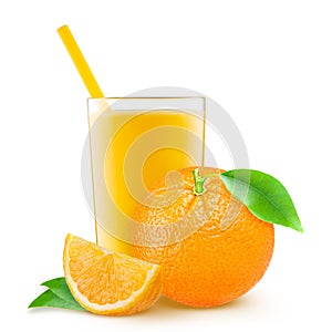 drink. Glass of orange juice and slices of orange fruit on white background