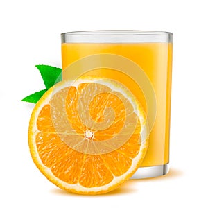 drink. Glass of orange juice and slices of orange fruit on white background