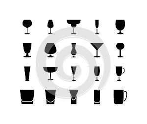 Drink glassware flat line icons set. Bar glasses, stemware for different drinks. Simple flat vector illustration for