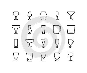 Drink glassware flat line icons set. Bar glasses, stemware for different drinks. Simple flat vector illustration for