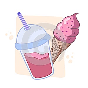 Drink and ice cream. Vector color sketch in cartoon style. Illustration of fast food