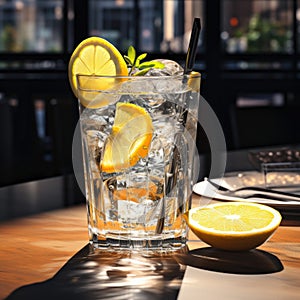 Drink with ice and a lemon slice standing on a bar table