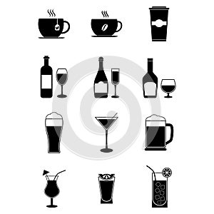 Drink icon set on black color. Drink alcohol icon collection isolated on white background. Sign of hot drink cup, cocktails