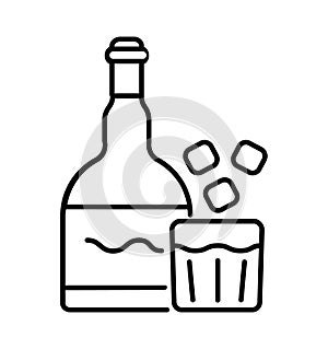 Drink icon vector. Bottle of whiskey, vodka, gin, brandy symbol. Drinks glass of ice water.