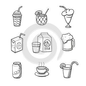 Drink icons collection. Doodle cartoon vector illustration.