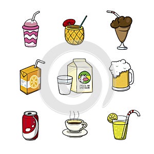 Drink icons collection. Doodle cartoon vector illustration.