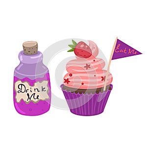 Drink me, eat me Cake and bottles isolated on white background. Vector graphics