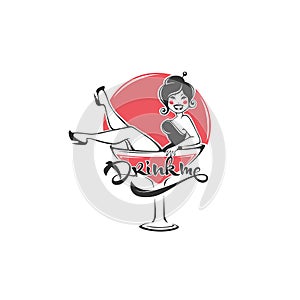 Drink Me, pinup girl sitting in martini glass and lettering