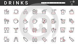 Drink menu for restaurant, thin red and black line icons set, cold and hot beverages