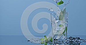 Drink mojito with lime, mint and ice pour into a glass on a blue glossy background. Slow motion 2k video shooted on 240