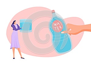 Drink more water concept, vector illustration, flat tiny woman character hold glass with fresh aqua, huge hand show