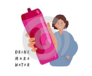 Drink more water hand written lettering. Woman holding red Plastic sports bottle for active training. Refresh drink