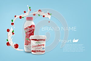 Drink nonfat yogurt bottle and jar of greek yogurt with cranberry flavor, commercial vector advertising mock-up realistic