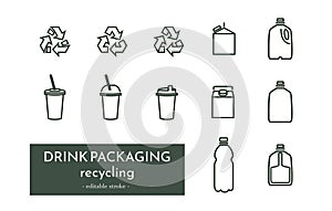 Drink packaging recycling pictogram set. 12 pieces. Outline icons. Beverage waste, recycling sign. Disposable bottle, cup, carton