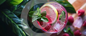 drink with raspberry, mint leaves and lemon, clean-lined