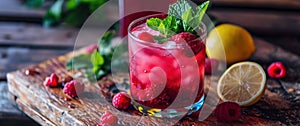 drink with raspberry, mint leaves and lemon, clean-lined