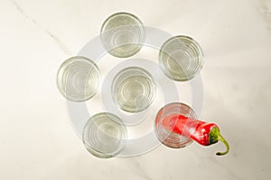 Drink set with shots of vodka and red pepper/Drink set with shot