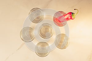 Drink set with shots of vodka and red pepper/Drink set with shots of vodka and red pepper on a white background. Top view. Toned