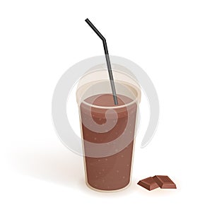 Drink in transparent plastic cup with lid and straw. Smoothie with chocolate. Beverage, realistic vector illustration on