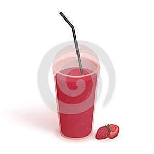 Drink in transparent plastic cup with lid and straw. Smoothie with strawberry. Beverage, realistic vector illustration