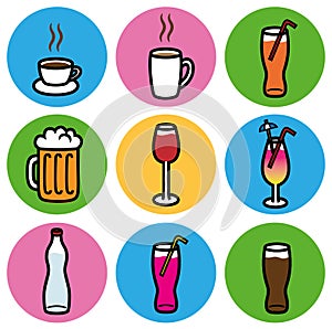 Drink types restaurant bar icons set