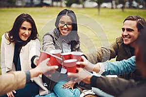 Drink up. a group of cheerful young friends having a picnic together while celebrating with a toast outside in a park