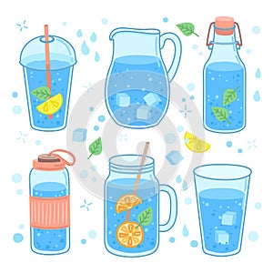 Drink water concept. More drinking, glass bottle cup and mug. Healthy trendy lifestyle, zero waste and reusable plastic