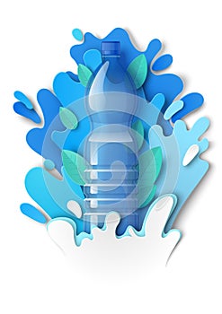 Drink water plastic bottle, paper cut liquid splashes and drops, vector illustration. Mineral water ads template.