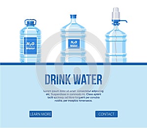 Drink water in plastic bottle set on white background website design banner vector illustration. Healthy agua bottles