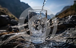 Drink water pouring in to glass mug on rock mountains background