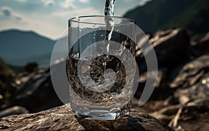 Drink water pouring in to glass mug on rock mountains background