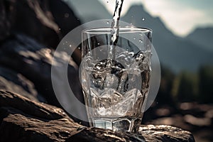 Drink water pouring in to glass mug on rock mountains background