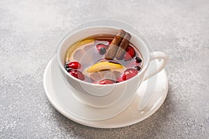 Drink from wild rose berries with lemon and honey cinnamon. Vitamin useful decoction of rose hips. Copy space