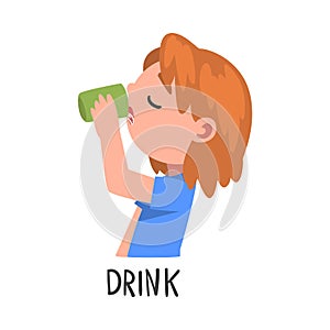 Drink Word, the Verb Expressing the Action, Children Education Concept Cartoon Style Vector Illustration