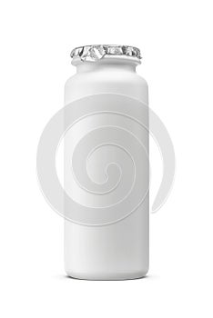 Drinkable yogurt in white plastic bottle with foil lid isolated on white photo
